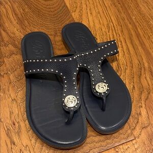 Brighton Alfa Navy Studded Sandals with Logo Detail. Size 6
